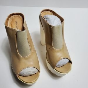 Shoe Republic LA Tan Peep Toe Mules